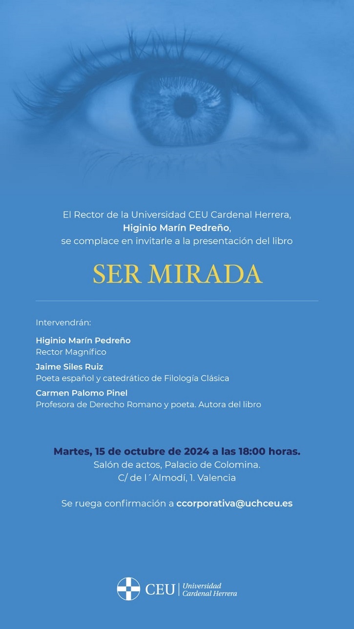 Flyer con la invitación al acto de presentación del libro | ‘Ser mirada’: Carmen Palomo presenta su poemario en la USP-CEU de Valencia